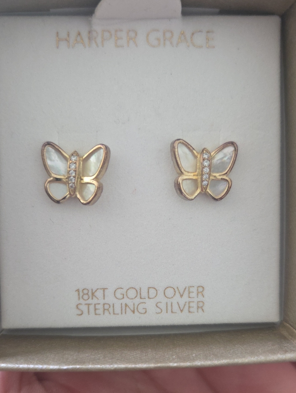 Gold Butterfly Stud Earrings in White